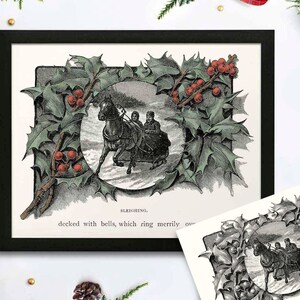 vintage Victorian Christmas book illustration print of one horse open sleigh with holly, red and green digital download printable holiday image for wall decor and crafts