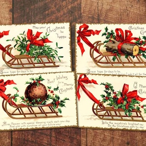 Druckbare Vintage Weihnachtspostkarten. Schlitten mit Mistelzweig, etc. Viktorianische Digital Grußkarte. Antike Urlaub Clip Art, Junk Journals