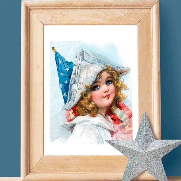 Vintage Patriotic Girl Holding American Flag July 4th Patriotic Wall Art Victorian Americana Memorial Veterans Day Printable Download