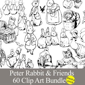 Może przedstawiać: Czarno-biały pakiet clipartów z ilustracjami Piotrusia Królika i jego przyjaciół. Kolekcja zawiera różne postacie, takie jak króliki, kaczki i inne zwierzęta w klasycznym stylu książki z bajkami. Wyświetlany jest tekst "Peter Rabbit & Friends 60 Clip Art Bundle".