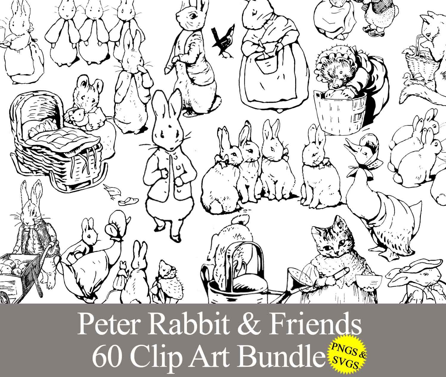 Peter Rabbit Scene Drawing Peter Rabbit Clip Art PNG & SVG, Black and White Images for Baby Shower ...
