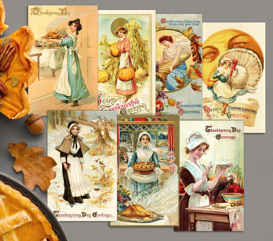 Printable Vintage Thanksgiving Postcards, Victorian Ladies Digital ...