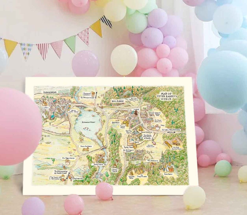 May include: A map of Peter Rabbit's World, a children's book illustration, printed on a white background. The map shows the locations of various places from the book, including Mr. McGregor's garden, the lake, and the woods.