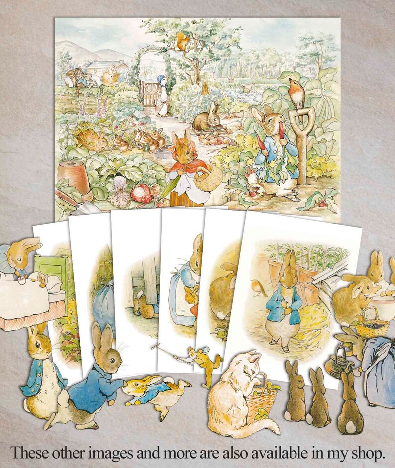 May include: A set of 10 printable images featuring Peter Rabbit from the classic children's book. The images show Peter Rabbit in various scenes from the story, including him in the garden, in the woods, and in his burrow. The images are perfect for scrapbooking, card making, or any other craft project.