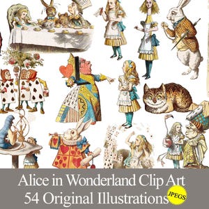 Alice in Wonderland clipart JPEG graphics. Digital download printable ephemera. Alice birthday tea party, junk journal, stickers, scrapbook