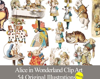 Alice in Wonderland clipart JPEG graphics. Digital download printable ephemera. Alice birthday tea party, junk journal, stickers, scrapbook
