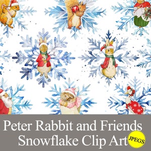 Peter Rabbit Christmas clip art JPEG watercolor snowflake graphics for xmas party, tags, journals, digital printable, Beatrix Potter print