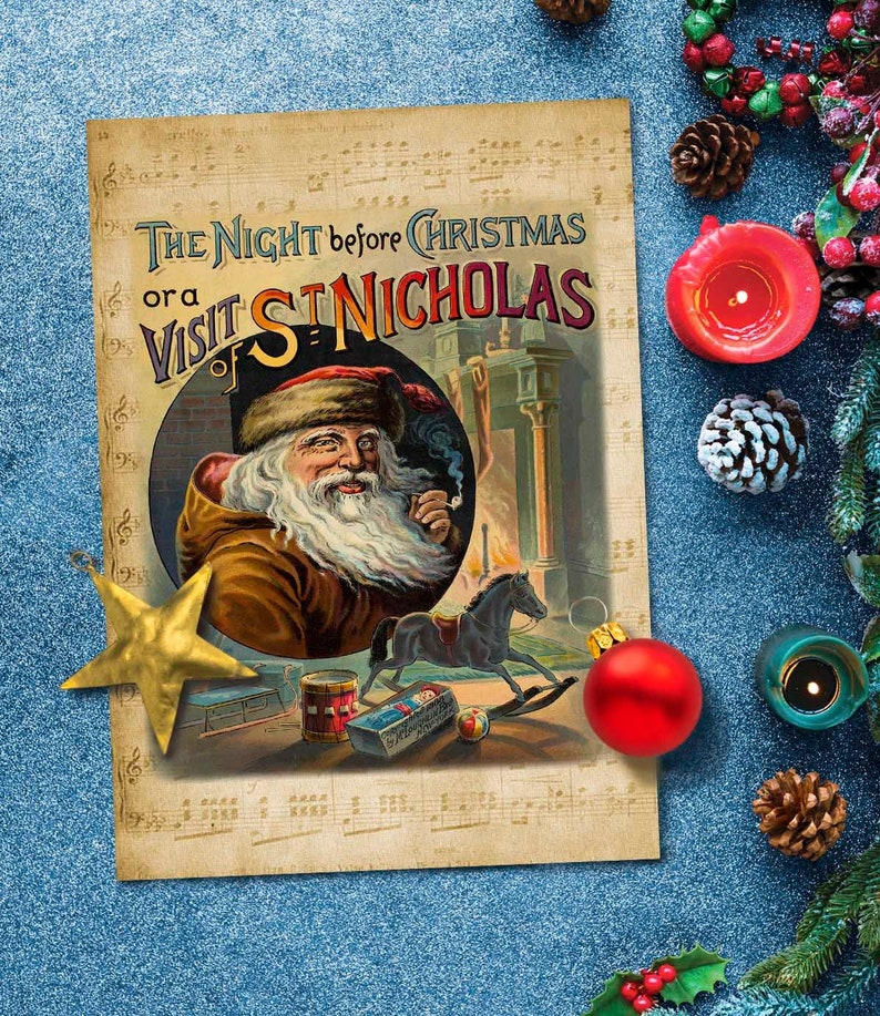 Night Before Christmas Book Cover Victorian Santa Art Vintage Etsy