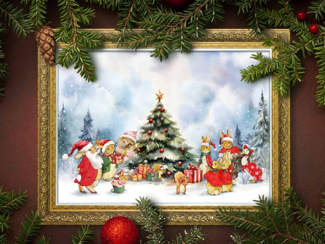 Peter Rabbit Christmas Tree Watercolor Digital Printable, Xmas Holiday