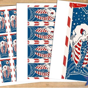 Peut inclure: Feuilles imprimables d'images patriotiques repr&eacute;sentant une femme tenant un drapeau avec des feux d'artifice en arri&egrave;re-plan. Les images sont en rouge, blanc et bleu.