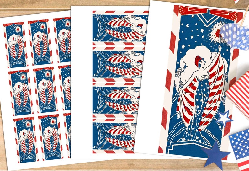 Peut inclure: Feuilles imprimables d'images patriotiques repr&eacute;sentant une femme tenant un drapeau avec des feux d'artifice en arri&egrave;re-plan. Les images sont en rouge, blanc et bleu.