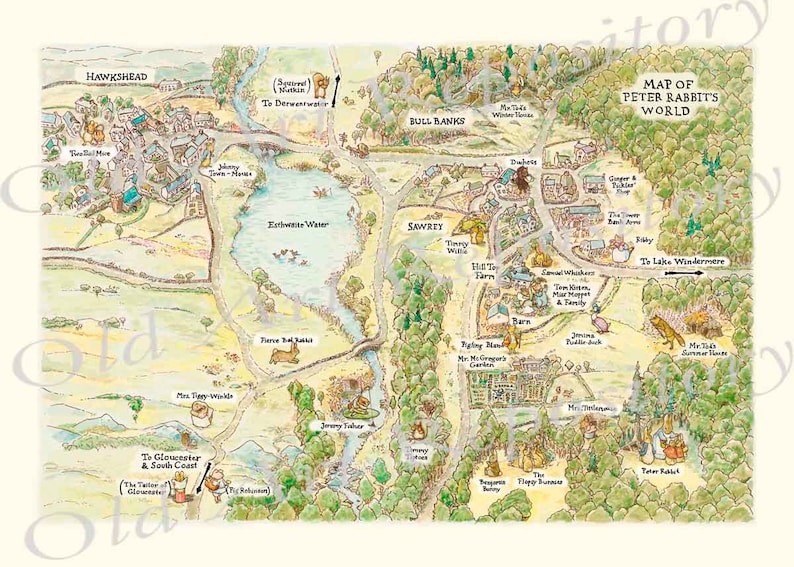 May include: A hand-drawn map of Peter Rabbit's World, featuring locations like Hawkshead, Bull Banks, Sawrey, and Hi-To Farm. The map is in a whimsical style with illustrations of animals and landmarks.