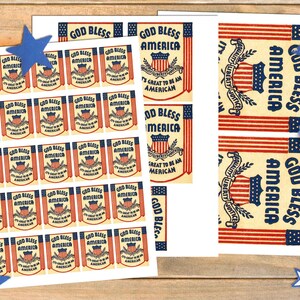 May include: A sheet of printable stickers featuring a patriotic design with red, white, and blue colors. The stickers say "God Bless America" and "It's Great to Be an American".