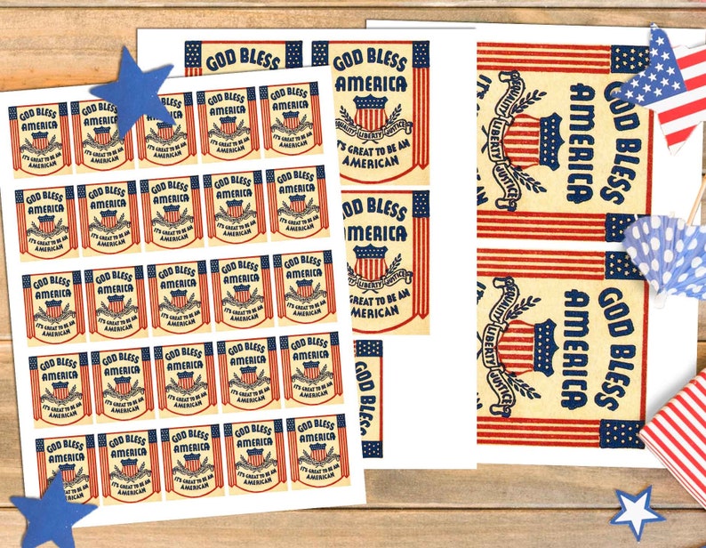 May include: A sheet of printable stickers featuring a patriotic design with red, white, and blue colors. The stickers say "God Bless America" and "It's Great to Be an American".