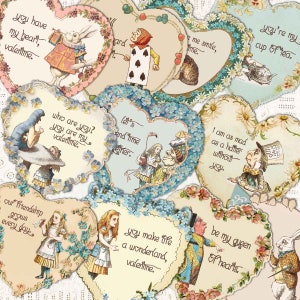 Alice in Wonderland Valentines, Vintage Classroom Valentines, Printable Download, floral heart clipart scrapbook, journals, tags stickers