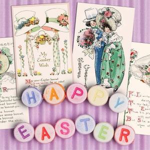 Cartes postales de Pâques vintage imprimables, filles en bonnets de Pâques Images clipart à télécharger victorien. Scrapbooking, travaux manuels, journaux indésirables, autocollants