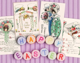 Printable Vintage Easter Postcards, Girls in Easter Bonnets Clipart Images. Scrapbooking, crafts, junk journals, stickers Victorian Download