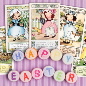 Cartoline pasquali vintage stampabili Immagini clipart di ragazze in abiti a guscio d'uovo, download vittoriano. Scrapbooking, artigianato, diari spazzatura, adesivi