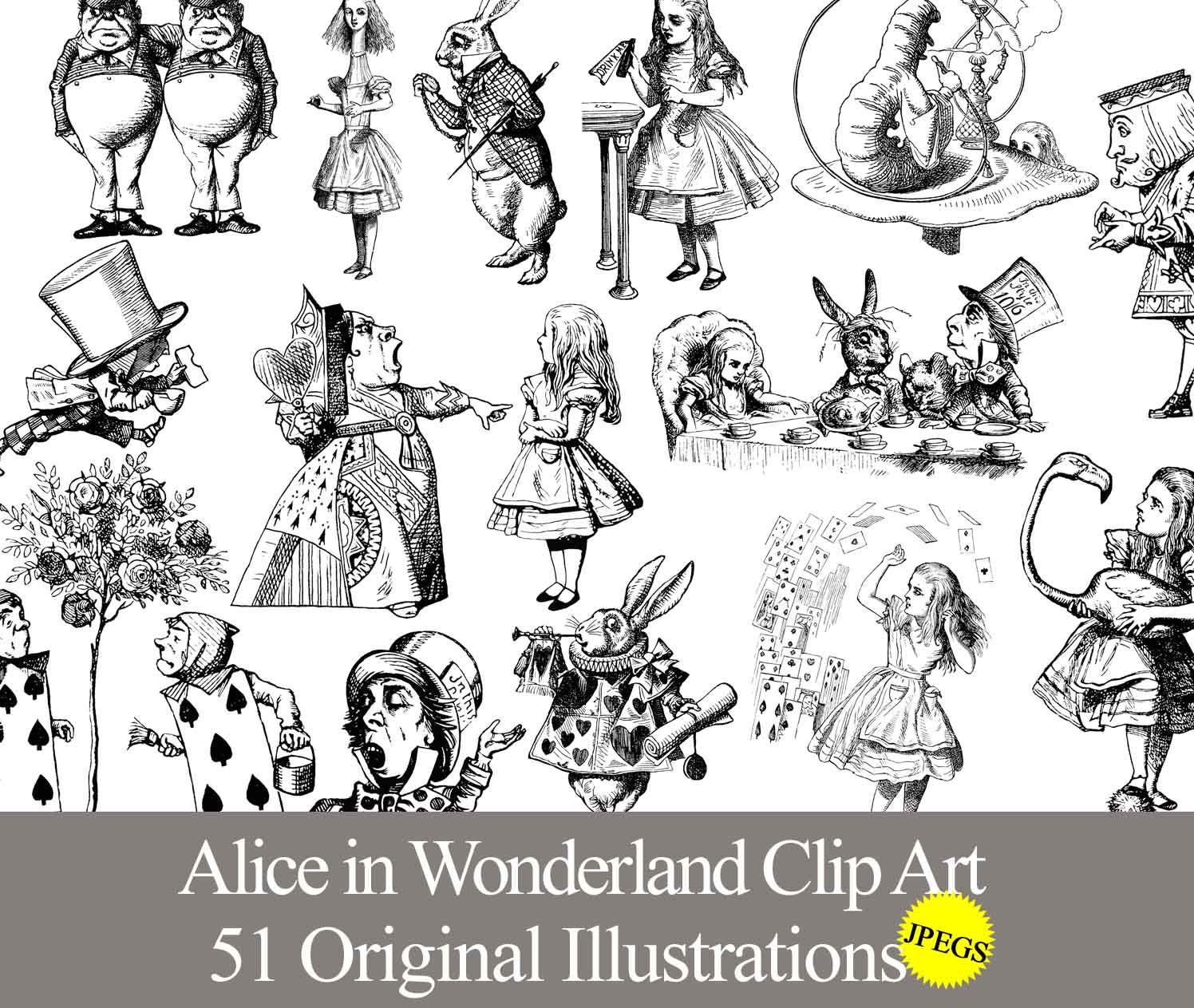 Alice in Wonderland clip art original digital download printables. Birthday party, cupcake toppers, crafts, stickers iron-on transfers