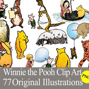 Classic Winnie the Pooh PNG clip art graphics for baby shower, birthday party, crafts, stickers, sublimation. Digital download printables.