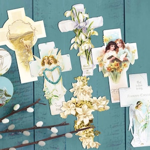 Cartões postais de Páscoa Vintage para impressão. Gráficos de clipart religiosos florais de anjo cordeiro cruz. Download vitoriano, diário de artesanato de scrapbook de marcadores
