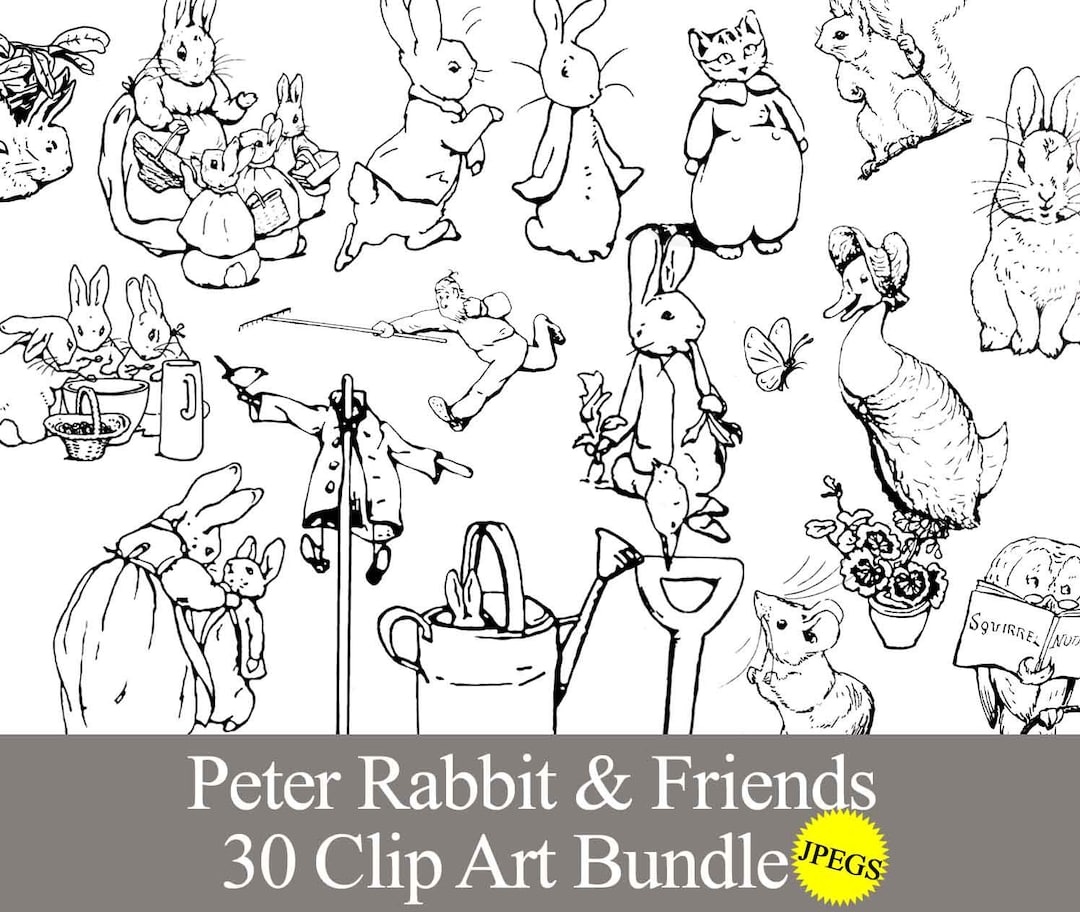 Peter Rabbit Scene Drawing Peter Rabbit Clip Art, Black and White Images for Baby Shower, Birthday ...
