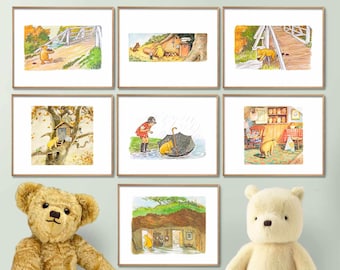Set of 7 Classic Winnie the Pooh Poster Prints, Winnie the Pooh Nursery Wall Art, Nursery Child Kids Decor Pooh Digital Download Baby Shower