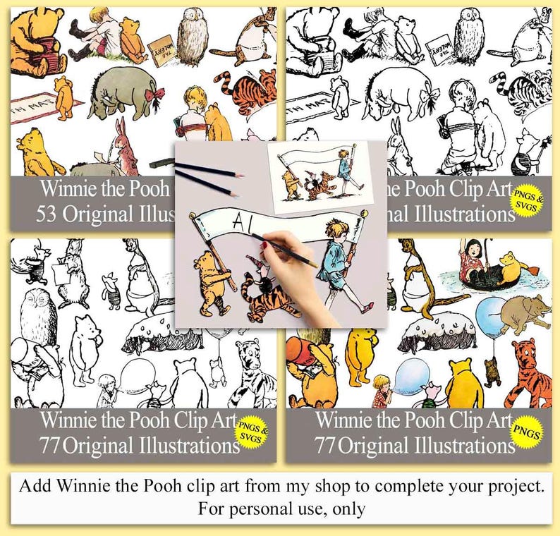 Puede incluir: Un conjunto de 53 ilustraciones en blanco y negro de personajes de Winnie the Pooh, incluyendo Winnie the Pooh, Piglet, Tigger, Eeyore y Owl. Las ilustraciones son de estilo vintage y son perfectas para usar en manualidades, scrapbooking o proyectos digitales. El texto en la imagen dice "Winnie the Pooh 53 Original Illus".
