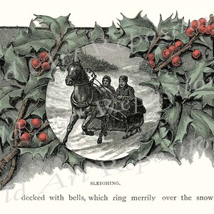 May include: A vintage illustration of a horse-drawn sleigh with two people riding in the snow. The image is framed by a wreath of holly with red berries.