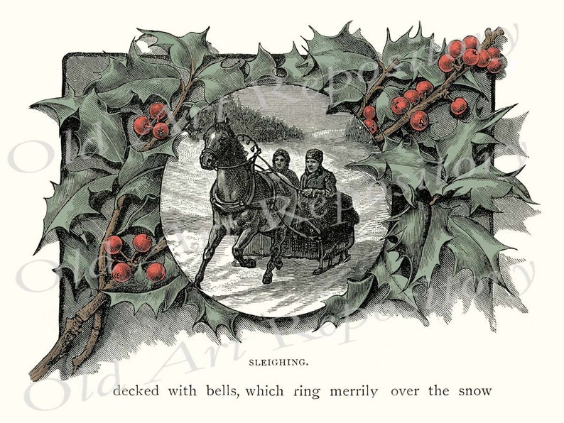 May include: A vintage illustration of a horse-drawn sleigh with two people riding in the snow. The image is framed by a wreath of holly with red berries.