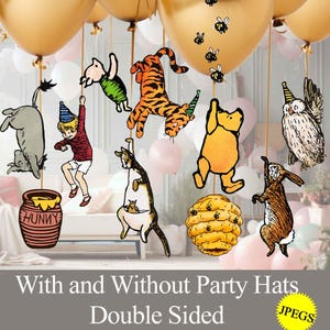 Classic Winnie the Pooh and Friends Holding Balloons Hanging characters with two sides, DIY cutout prop, Baby party centerpiece decor
