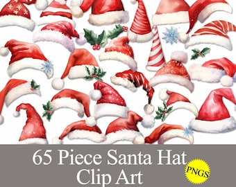 May include: A set of 65 watercolor illustrations of Santa hats in various styles and colors. The hats are isolated on a white background and are perfect for digital scrapbooking, card making, and other craft projects.
