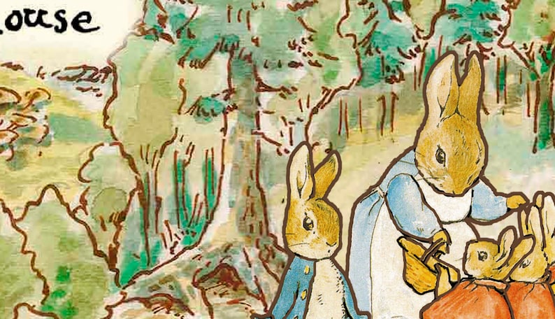 May include: A watercolor illustration of three rabbits in a forest setting. The mother rabbit is wearing a blue dress and holding a basket. The two baby rabbits are wearing red and blue jackets. The illustration is titled "House".