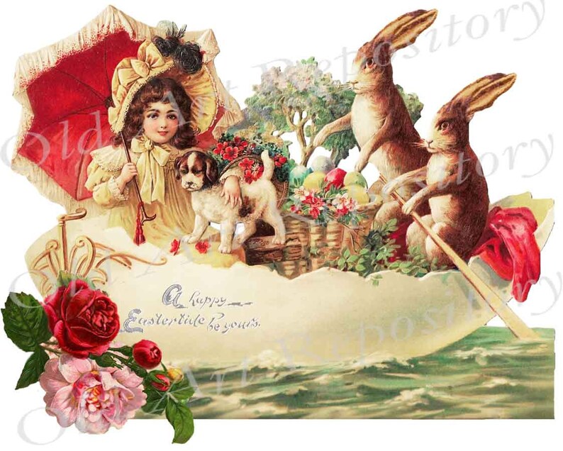 Printable Vintage Easter Die Cut Card. Girl and Easter Bunnies in Boat ...