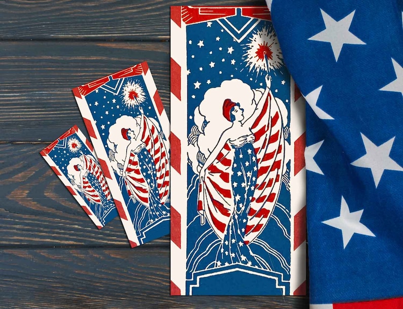 red white and blue Columbia Lady Liberty holds fireworks with American flag clipart July 4th digital download