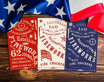 Vintage Patriotic July 4th Fireworks Labels, Americana Ads Ephemera for stickers, tags, crafts, journals, Fourth Party Decor, Red White Blue
