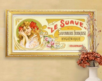 Art Nouveau French Soap Ad Poster Print, Vintage Bathroom Decor, Antique wall art, yellow picture, digital download instant printable, Mucha