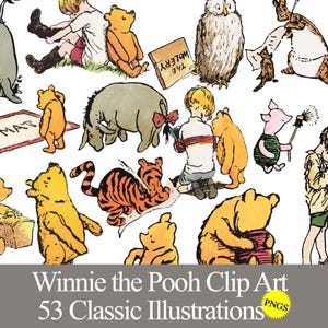 Classic Winnie the Pooh PNG clip art graphics for baby shower, birthday party, crafts, stickers, sublimation. Digital download printable.