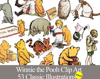 Classic Winnie the Pooh PNG clip art graphics for baby shower, birthday party, crafts, stickers, scrapbooking. Digital download printable