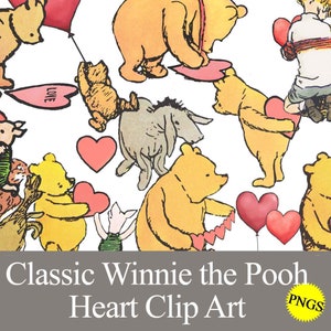 Classic Winnie the Pooh Heart Valentine's Day Clipart Vintage Kids DIY Valentines Cute Printable Digital Download Pooh Bear PNG Party Decor