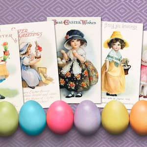 Cartoline pasquali vintage stampabili. Ragazze con coniglietti e uova di Pasqua. Clipart di immagini vittoriane da scaricare. Scrapbooking, diario di artigianato spazzatura