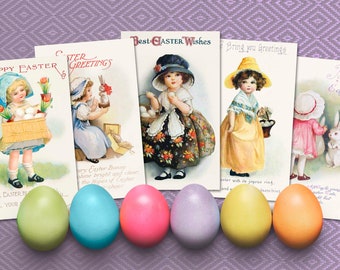 Printable Vintage Easter Postcards Girls, Eggs, Bunnies Clipart Image. Victorian postcards download printable, Scrapbooking, junk journals