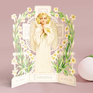 Cartão postal de Páscoa vintage para impressão. Cruz floral de pé com gráfico de clip art de anjo. Download digital vitoriano. Álbum de recortes, artesanato, diário