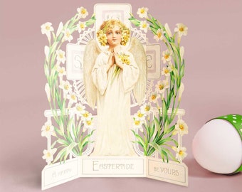 Printable Vintage Religious Easter Card Angel with Easter Lilies Floral Cross Clipart Image Victorian download Diecut Scrapbook junk journal