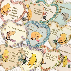 Classic Winnie the Pooh Valentines, Vintage Classroom Valentines, Printable Download, floral heart teacher clipart, journals, tags stickers