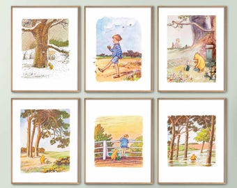 Set of 6 Classic Winnie the Pooh Poster Prints, Winnie the Pooh Nursery Wall Art Nursery Child Kids Decor Pooh Digital Download Baby Shower