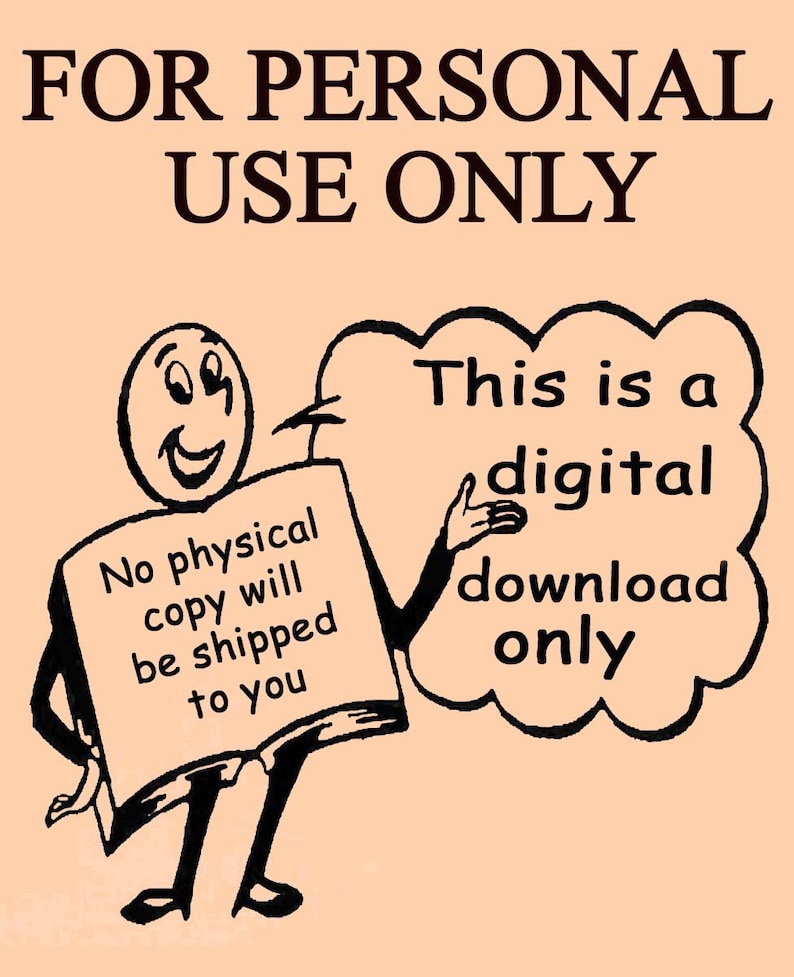 May include: A black and white illustration of a person holding a book that says "No physical copy will be shipped to you". The person is pointing to a thought bubble that says "This is a digital download only".