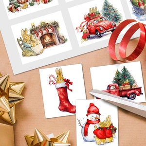 May include: A collection of Christmas-themed watercolor cards featuring bunnies. The cards depict scenes such as a red car with a Christmas tree, a snowman, a fireplace, and a red truck carrying gifts. A red ribbon and gold gift box are also visible.