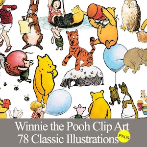 Classic Winnie the Pooh PNG clip art graphics for baby shower, birthday party, crafts, stickers, sublimation. Digital download printables.