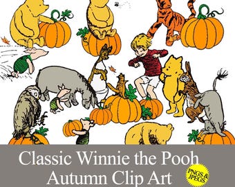 Classic Winnie the Pooh Fall Clip Art graphics, Autumn, Thanksgiving, Halloween party stickers junk journal sublimation digital printable